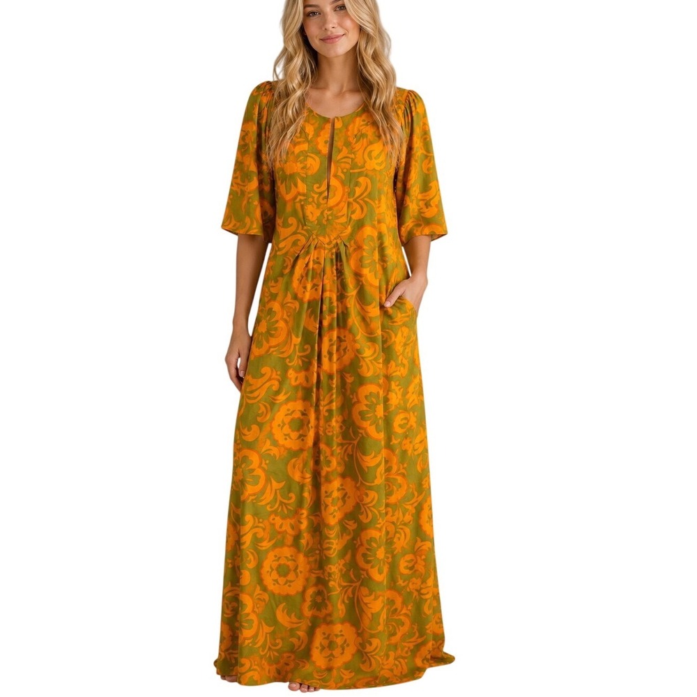 Flora Bea Maxi Dress Retro Mod Psychedelic Bold Print Orange Green Cotton Pocket